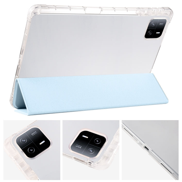 For iPad Pro 13 2024 3-fold Clear TPU Smart Leather Tablet Case with Pen Slot(Ice Blue)