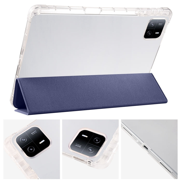 For iPad Pro 13 2024 3-fold Clear TPU Smart Leather Tablet Case with Pen Slot(Dark Blue)