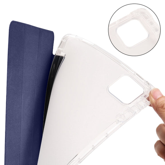 For iPad Pro 13 2024 3-fold Clear TPU Smart Leather Tablet Case with Pen Slot(Dark Blue)