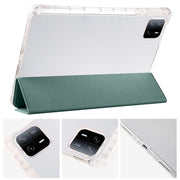 For iPad Pro 11 2024 3-fold Clear TPU Smart Leather Tablet Case with Pen Slot(Dark Green)