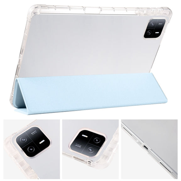 For iPad Pro 11 2024 3-fold Clear TPU Smart Leather Tablet Case with Pen Slot(Ice Blue)