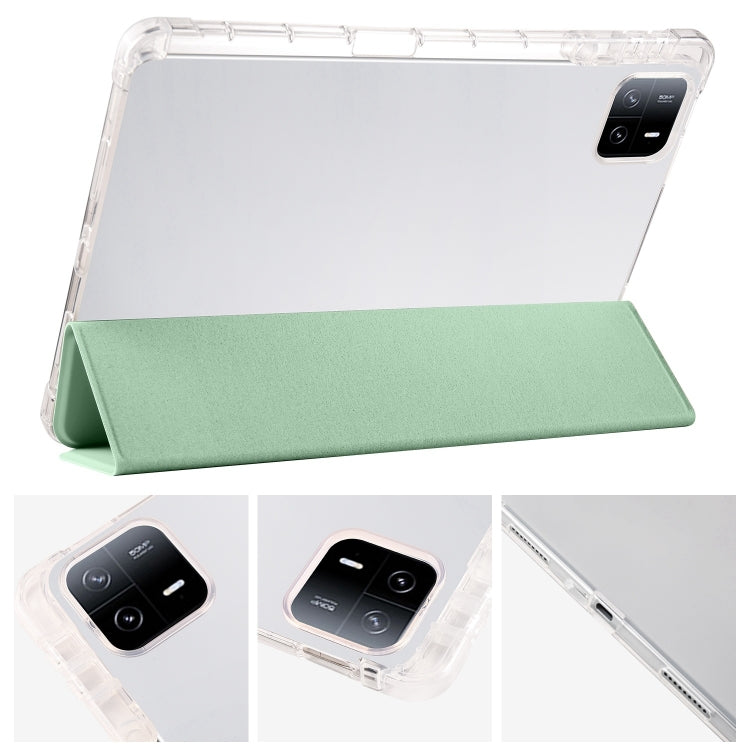 For iPad Pro 11 2024 3-fold Clear TPU Smart Leather Tablet Case with Pen Slot(Green)