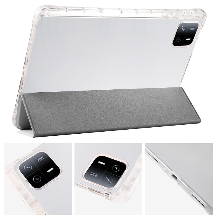 For iPad Pro 11 2024 3-fold Clear TPU Smart Leather Tablet Case with Pen Slot(Space Gray)