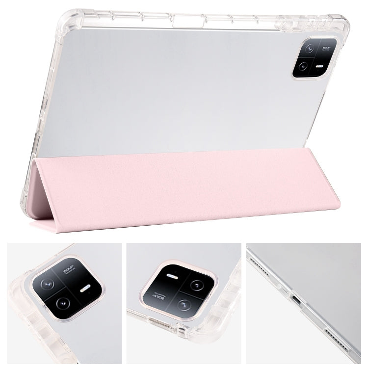 For iPad Air 11 2024 3-fold Clear TPU Smart Leather Tablet Case with Pen Slot(Sand Pink)