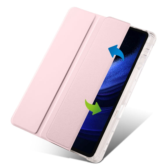 For iPad Air 13 2025 / 2024 3-fold Clear TPU Smart Leather Tablet Case with Pen Slot(Sand Pink)