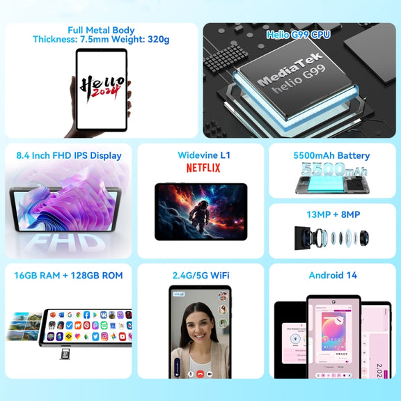 HEADWOLF Fpad5 4G LTE Tablet PC, 8GB+128GB, 8.4 inch Android 14 MT6789 Octa Core Support Dual SIM, Global Version with Google Play(Black)