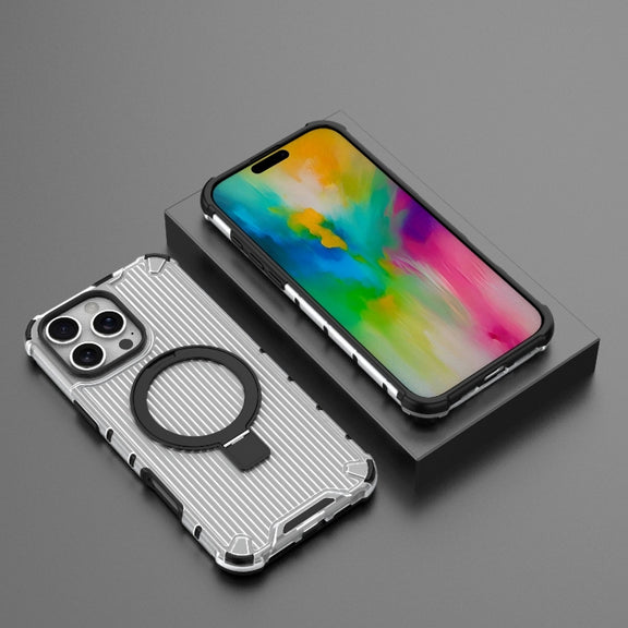 For iPhone 16 Pro Max Grating Holder Shockproof Phone Case(Transparent)