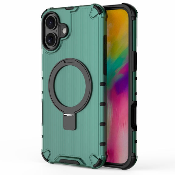 For iPhone 16 Plus Grating Holder Shockproof Phone Case(Green)