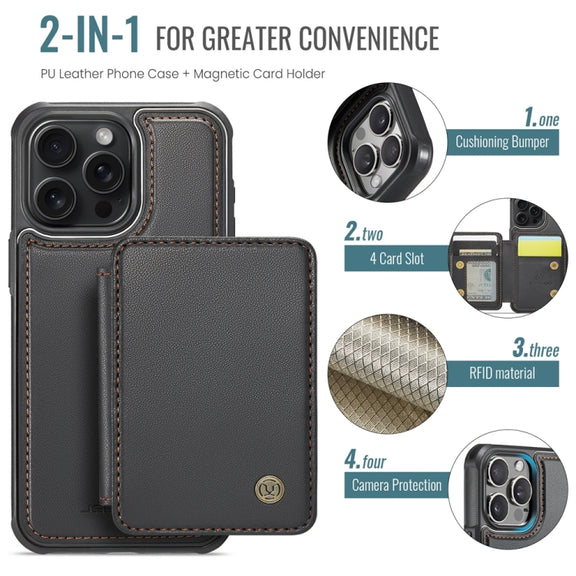 For iPhone 15 Pro Max JEEHOOD J05 Business Magnetic Style RFID Leather Phone Case(Black)