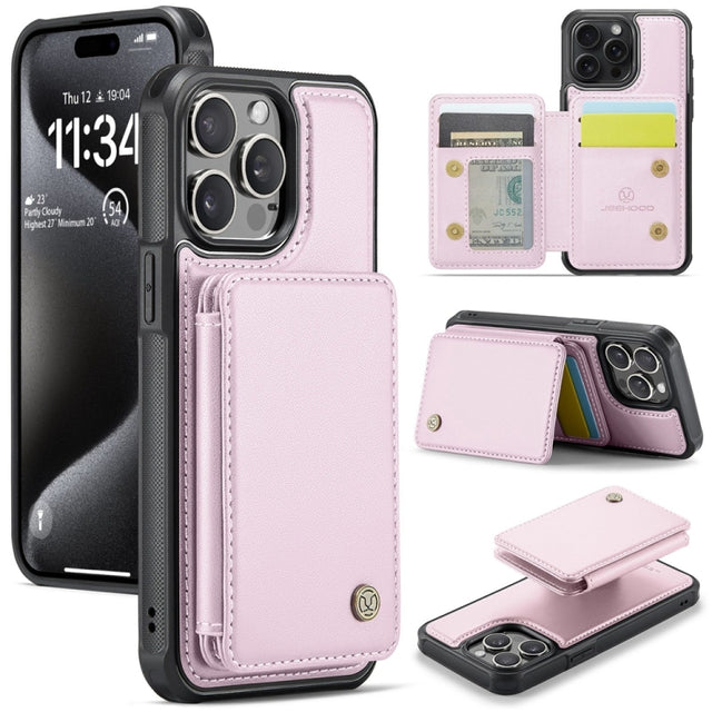 For iPhone 15 Pro JEEHOOD J05 Business Magnetic Style RFID Leather Phone Case(Pink)