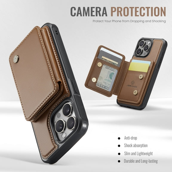 For iPhone 15 JEEHOOD J05 Business Magnetic Style RFID Leather Phone Case(Brown)
