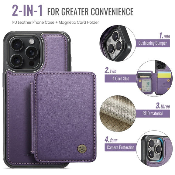 For iPhone 16 Pro Max JEEHOOD J05 Business Magnetic Style RFID Leather Phone Case(Purple)