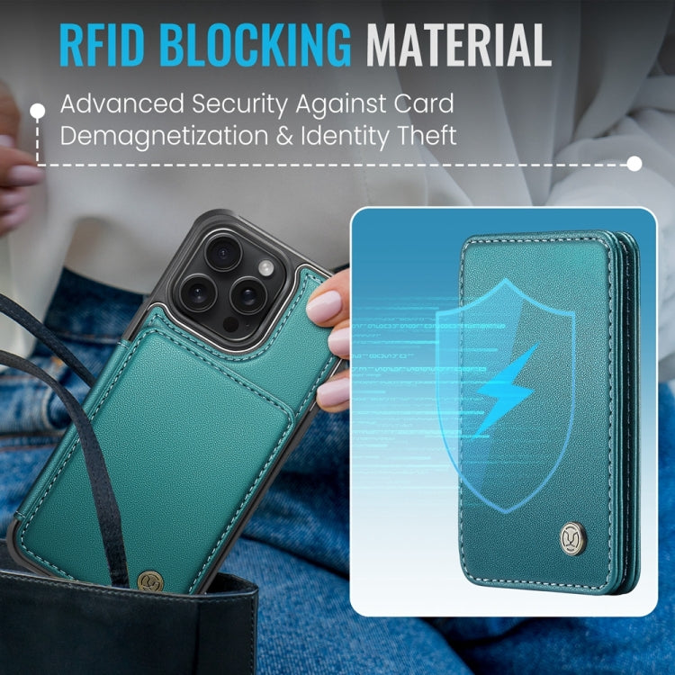 For iPhone 16 Pro Max JEEHOOD J05 Business Magnetic Style RFID Leather Phone Case(Blue Green)