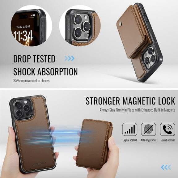 For iPhone 16 Pro Max JEEHOOD J05 Business Magnetic Style RFID Leather Phone Case(Brown)