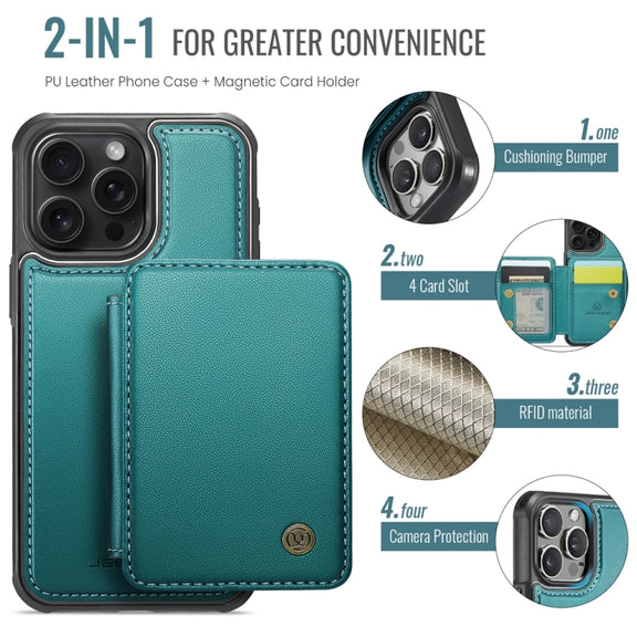 For iPhone 16 Pro JEEHOOD J05 Business Magnetic Style RFID Leather Phone Case(Blue Green)