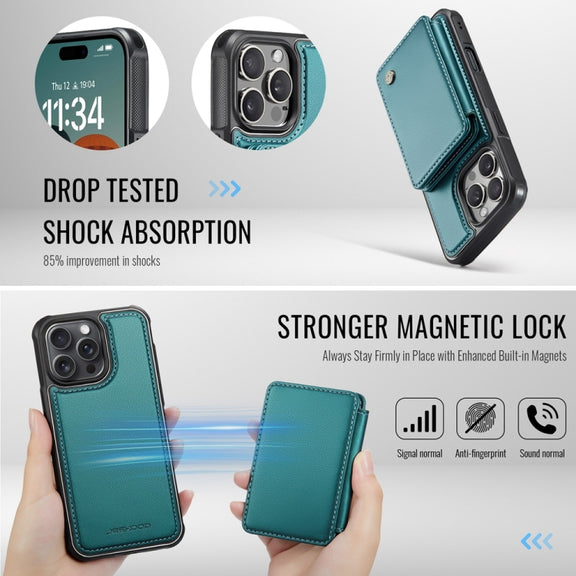 For iPhone 16 Pro JEEHOOD J05 Business Magnetic Style RFID Leather Phone Case(Blue Green)