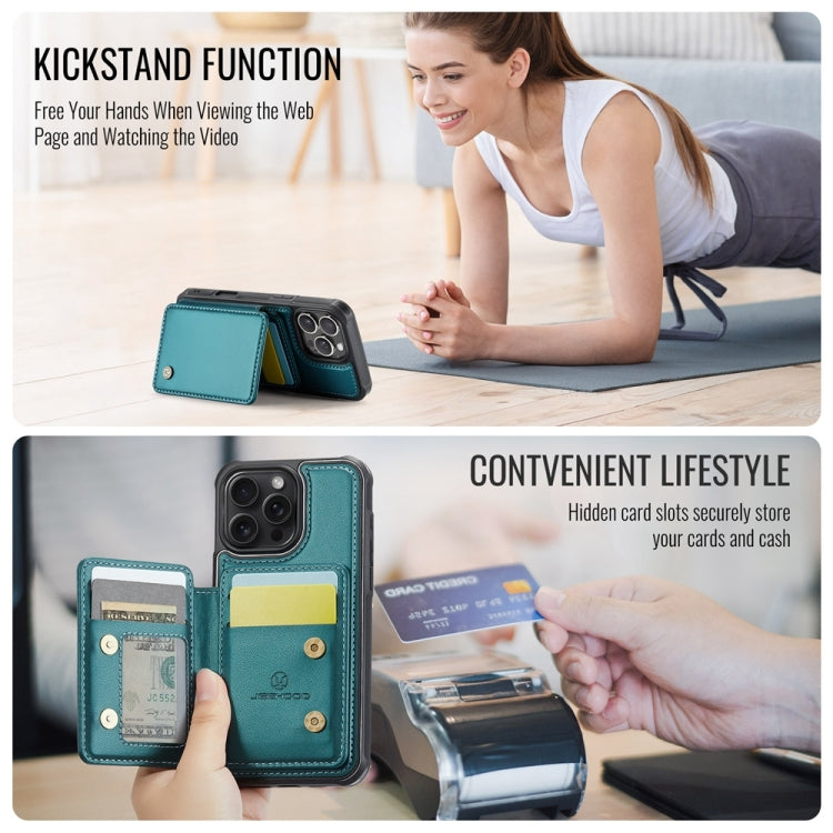 For iPhone 16 Pro JEEHOOD J05 Business Magnetic Style RFID Leather Phone Case(Blue Green)