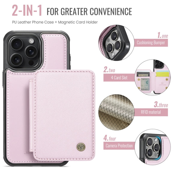 For iPhone 16 Pro JEEHOOD J05 Business Magnetic Style RFID Leather Phone Case(Pink)