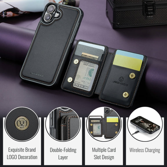 For iPhone 16 Plus JEEHOOD J05 Business Magnetic Style RFID Leather Phone Case(Black)