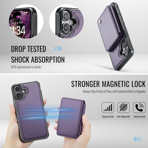 For iPhone 16 Plus JEEHOOD J05 Business Magnetic Style RFID Leather Phone Case(Purple)