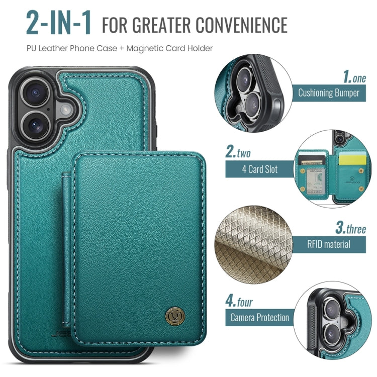 For iPhone 16 Plus JEEHOOD J05 Business Magnetic Style RFID Leather Phone Case(Blue Green)