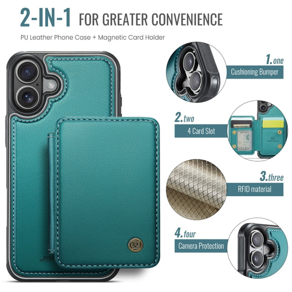 For iPhone 16 Plus JEEHOOD J05 Business Magnetic Style RFID Leather Phone Case(Blue Green)
