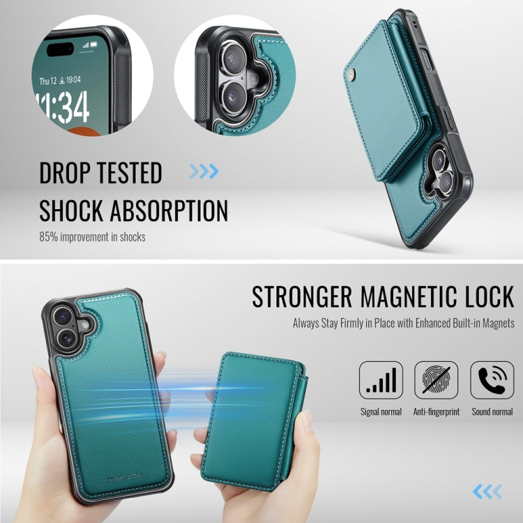 For iPhone 16 Plus JEEHOOD J05 Business Magnetic Style RFID Leather Phone Case(Blue Green)