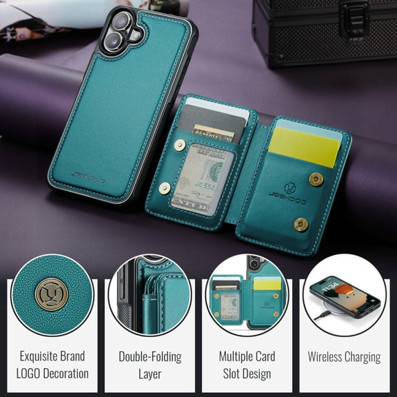 For iPhone 16 Plus JEEHOOD J05 Business Magnetic Style RFID Leather Phone Case(Blue Green)