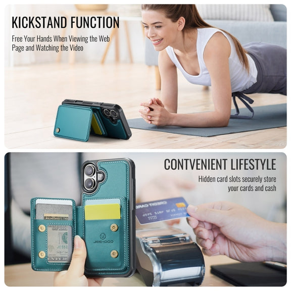For iPhone 16 Plus JEEHOOD J05 Business Magnetic Style RFID Leather Phone Case(Blue Green)