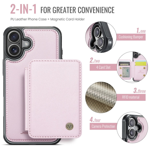 For iPhone 16 Plus JEEHOOD J05 Business Magnetic Style RFID Leather Phone Case(Pink)