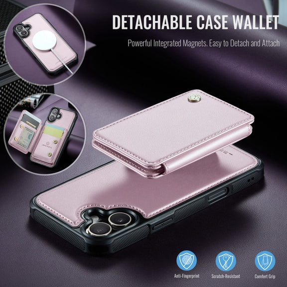 For iPhone 16 Plus JEEHOOD J05 Business Magnetic Style RFID Leather Phone Case(Pink)