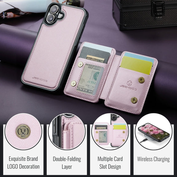 For iPhone 16 Plus JEEHOOD J05 Business Magnetic Style RFID Leather Phone Case(Pink)