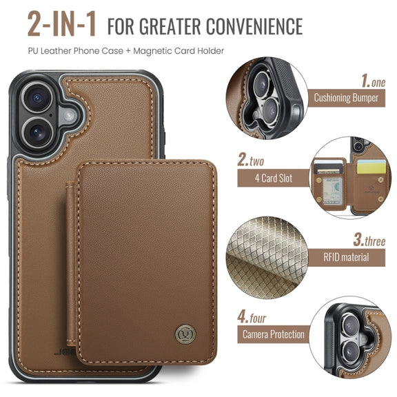 For iPhone 16 Plus JEEHOOD J05 Business Magnetic Style RFID Leather Phone Case(Brown)