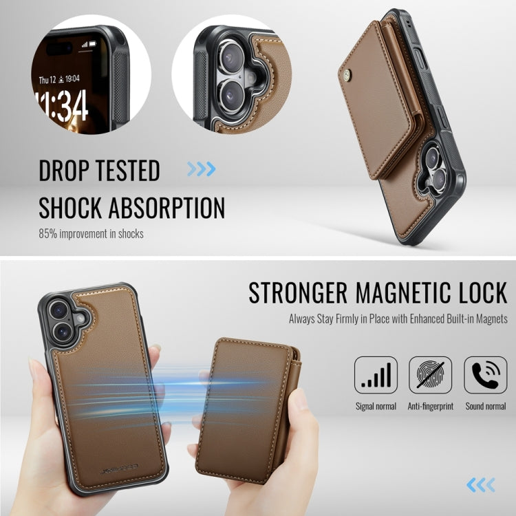 For iPhone 16 Plus JEEHOOD J05 Business Magnetic Style RFID Leather Phone Case(Brown)