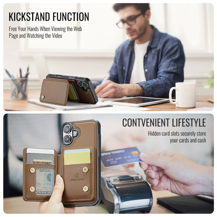 For iPhone 16 Plus JEEHOOD J05 Business Magnetic Style RFID Leather Phone Case(Brown)