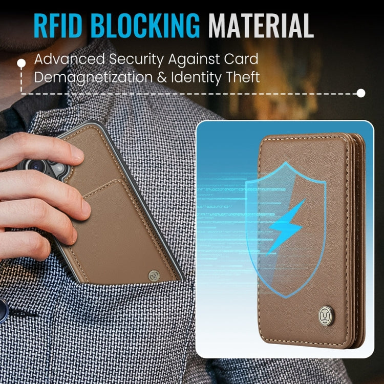 For iPhone 16 Plus JEEHOOD J05 Business Magnetic Style RFID Leather Phone Case(Brown)