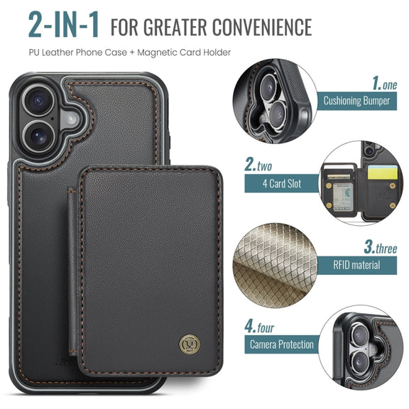 For iPhone 16 JEEHOOD J05 Business Magnetic Style RFID Leather Phone Case(Black)