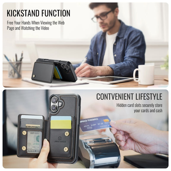 For iPhone 16 JEEHOOD J05 Business Magnetic Style RFID Leather Phone Case(Black)
