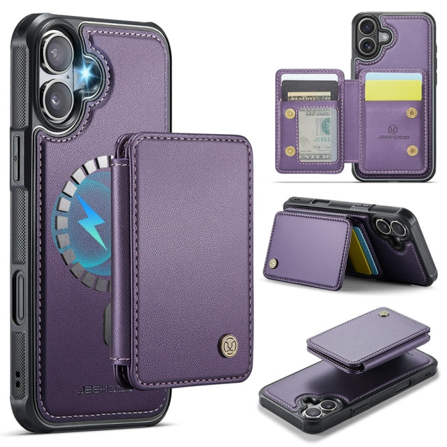 For iPhone 16 JEEHOOD J05 Business Magnetic Style RFID Leather Phone Case(Purple)