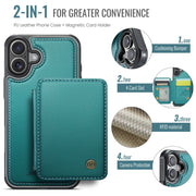 For iPhone 16 JEEHOOD J05 Business Magnetic Style RFID Leather Phone Case(Blue Green)