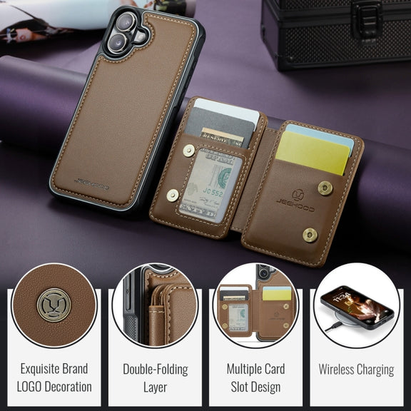 For iPhone 16 JEEHOOD J05 Business Magnetic Style RFID Leather Phone Case(Brown)