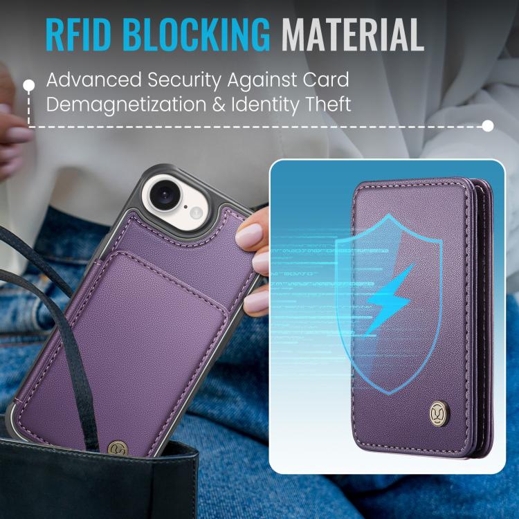 For iPhone 16e JEEHOOD J05 Business Magnetic Style RFID Leather Phone Case(Purple)