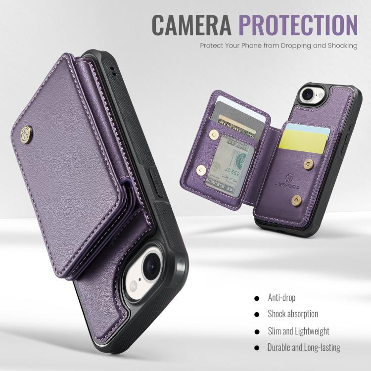 For iPhone 16e JEEHOOD J05 Business Magnetic Style RFID Leather Phone Case(Purple)