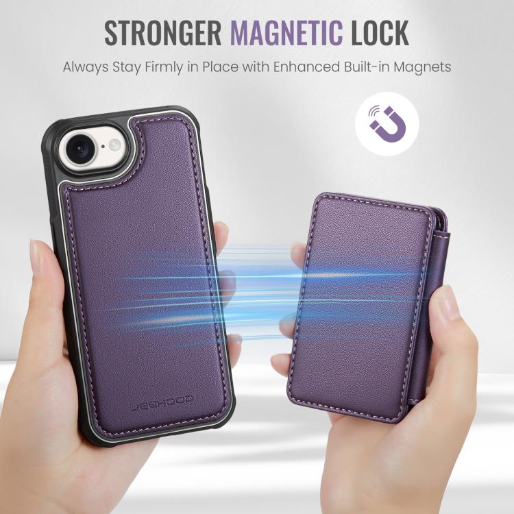 For iPhone 16e JEEHOOD J05 Business Magnetic Style RFID Leather Phone Case(Purple)