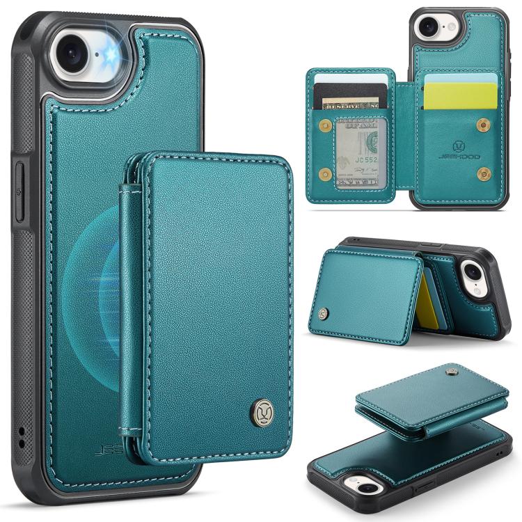 For iPhone 16e JEEHOOD J05 Business Magnetic Style RFID Leather Phone Case(Blue Green)