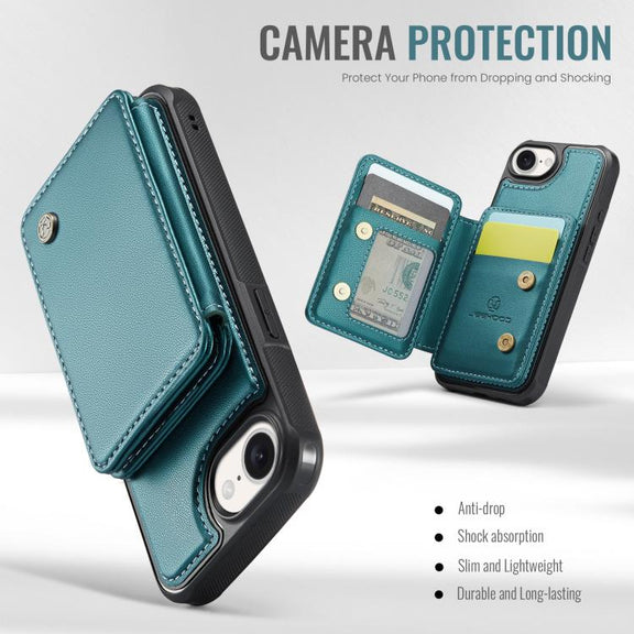 For iPhone 16e JEEHOOD J05 Business Magnetic Style RFID Leather Phone Case(Blue Green)