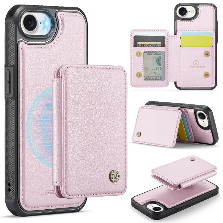 For iPhone 16e JEEHOOD J05 Business Magnetic Style RFID Leather Phone Case(Pink)