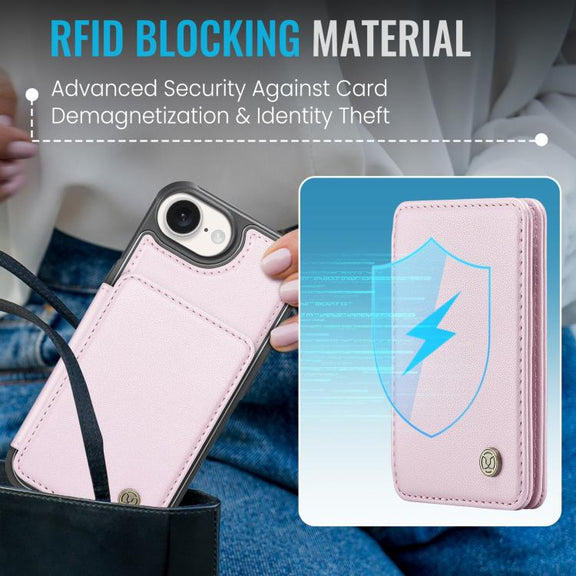 For iPhone 16e JEEHOOD J05 Business Magnetic Style RFID Leather Phone Case(Pink)