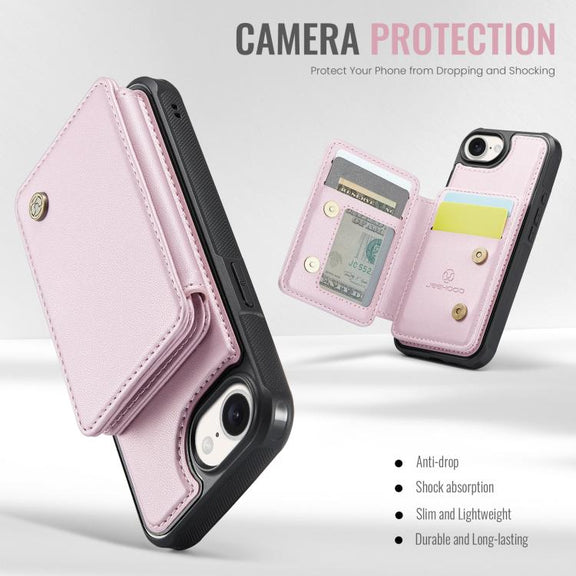 For iPhone 16e JEEHOOD J05 Business Magnetic Style RFID Leather Phone Case(Pink)