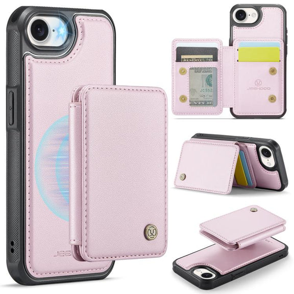 For iPhone 16e JEEHOOD J05 Business Magnetic Style RFID Leather Phone Case(Pink)